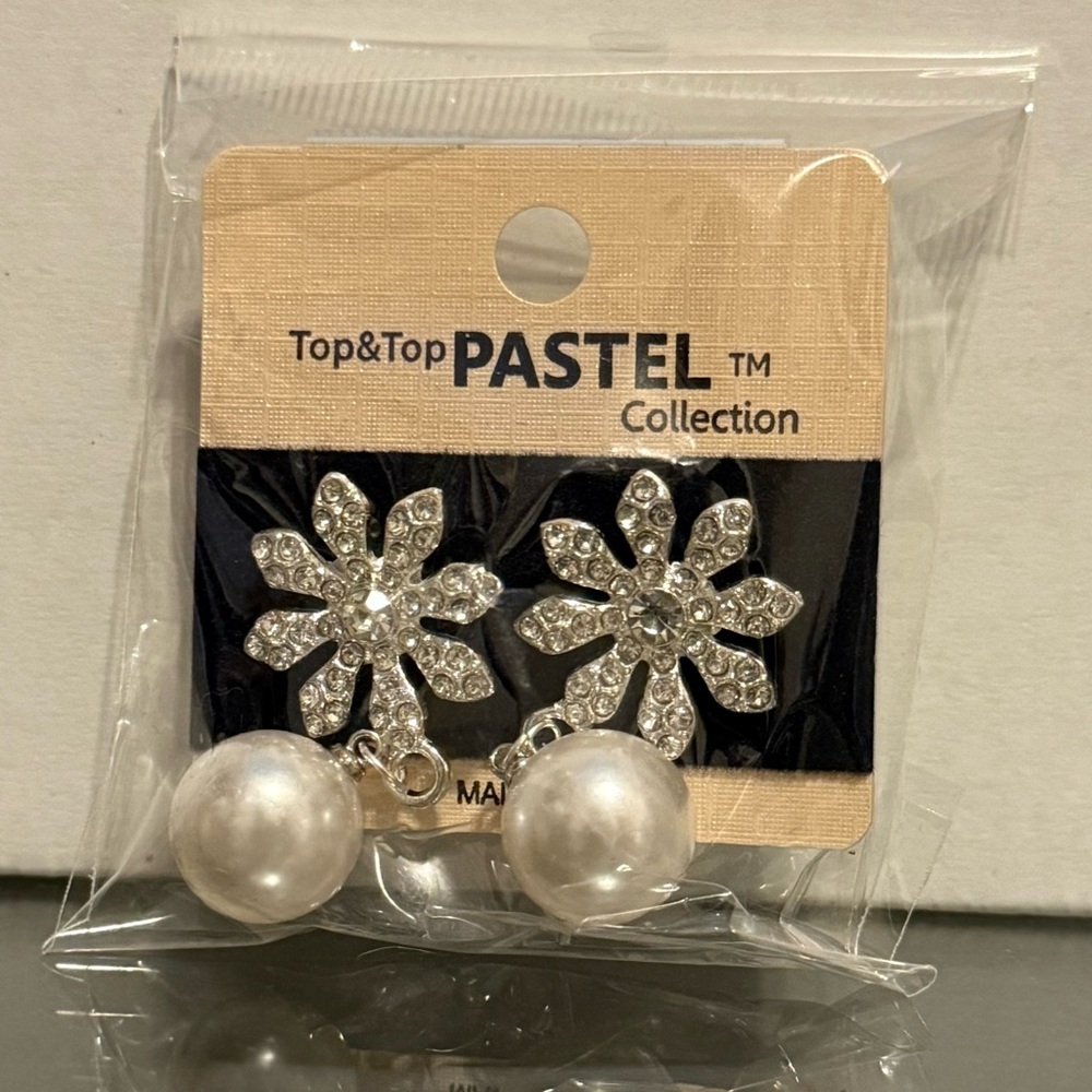 Silver Flower Earrings with Faux Pearl Dangles